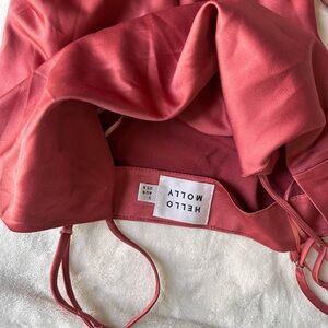 Burgundy silk midi dress w ruched side and scoop neck. Adjustable straps!